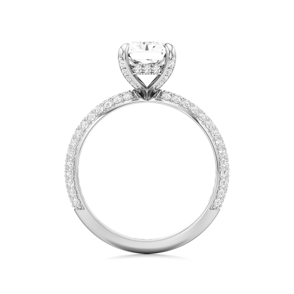 A white gold or platinum solitaire engagement ring featuring a round-cut diamond center stone and pavé-set diamonds along the band, shown on a clean white background.