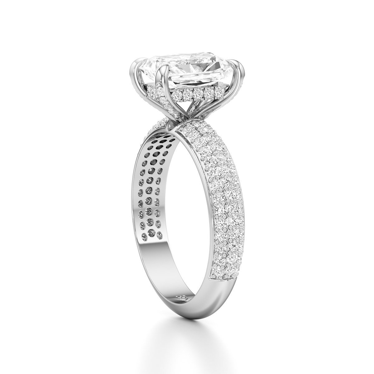 A silver-tone diamond engagement ring with a large round-cut center stone and pavé-set diamonds along the band, shown on a clean white background.