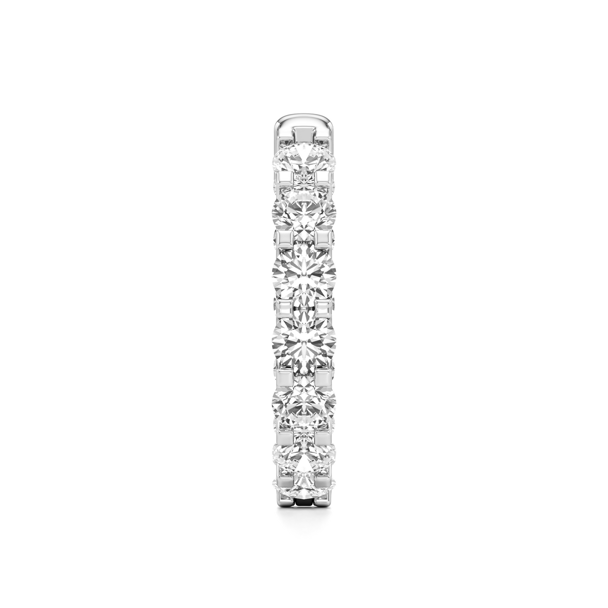 A slim silver-toned eternity ring featuring a continuous row of round-cut clear gemstones, shown vertically against a plain white background.