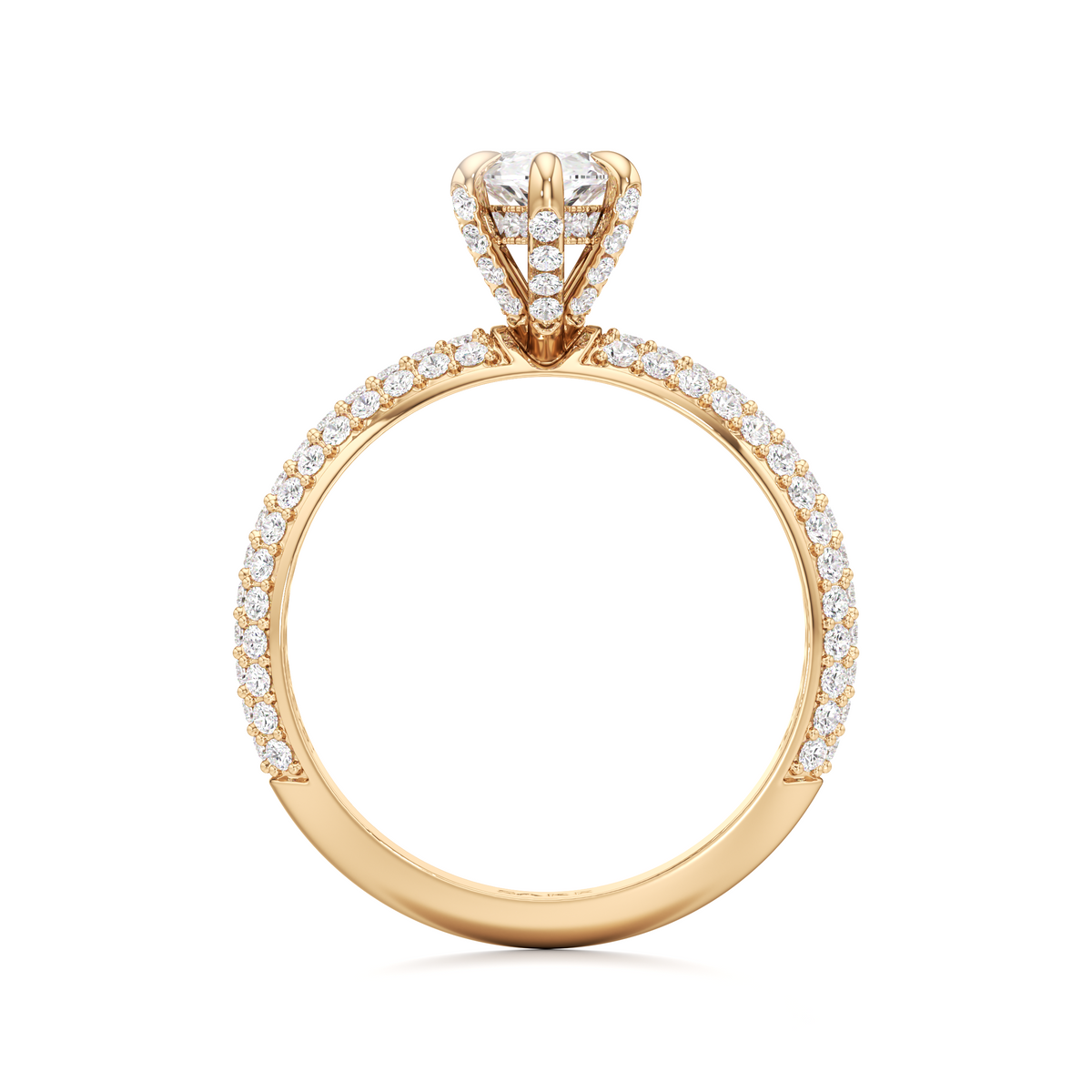 A yellow gold diamond ring with a round-cut center stone and pavé-set diamonds along the band, shown on a plain white background.