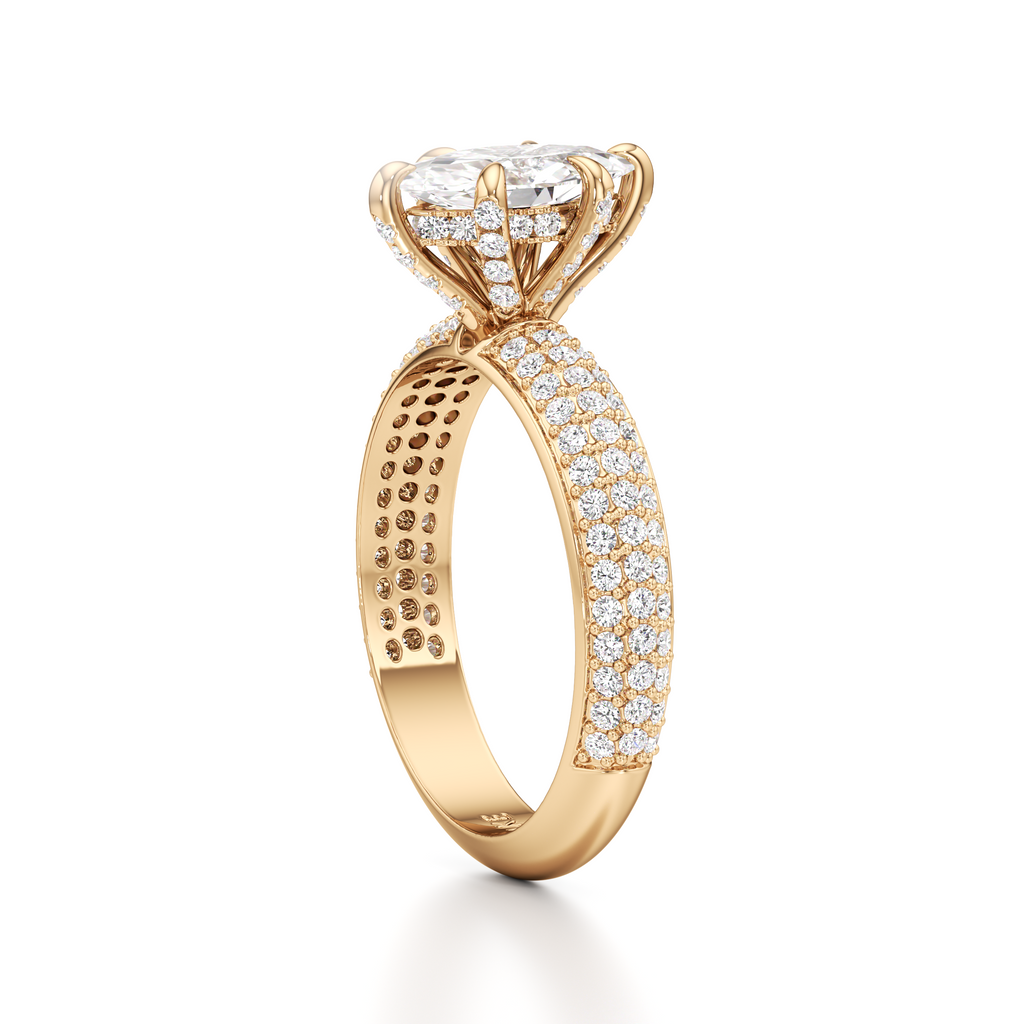 A rose gold engagement ring featuring a round-cut diamond center stone and pavé-set diamonds along the band, shown on a clean white background.