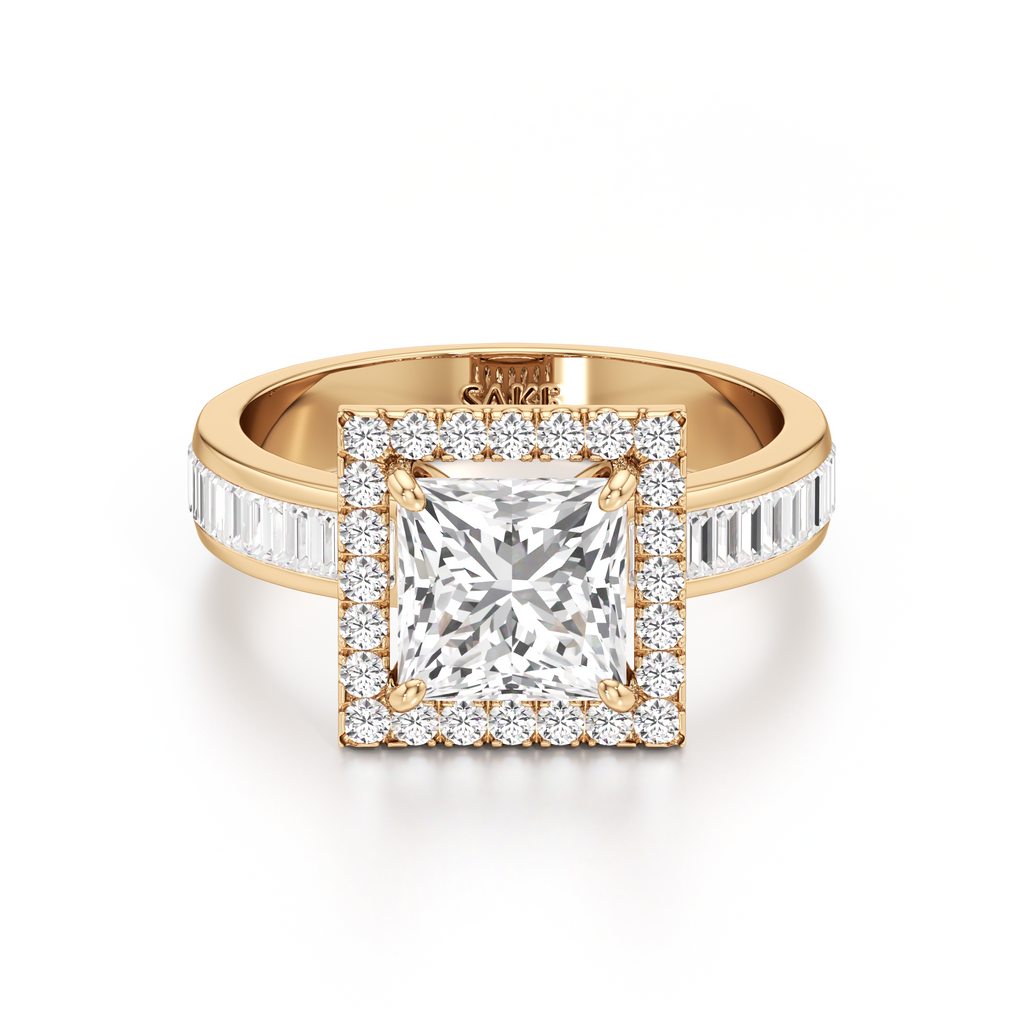 A yellow gold ring featuring a square princess-cut diamond center stone surrounded by a halo, with baguette diamonds on the band, shown on a white background.