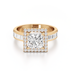 A yellow gold ring featuring a square princess-cut diamond center stone surrounded by a halo, with baguette diamonds on the band, shown on a white background.
