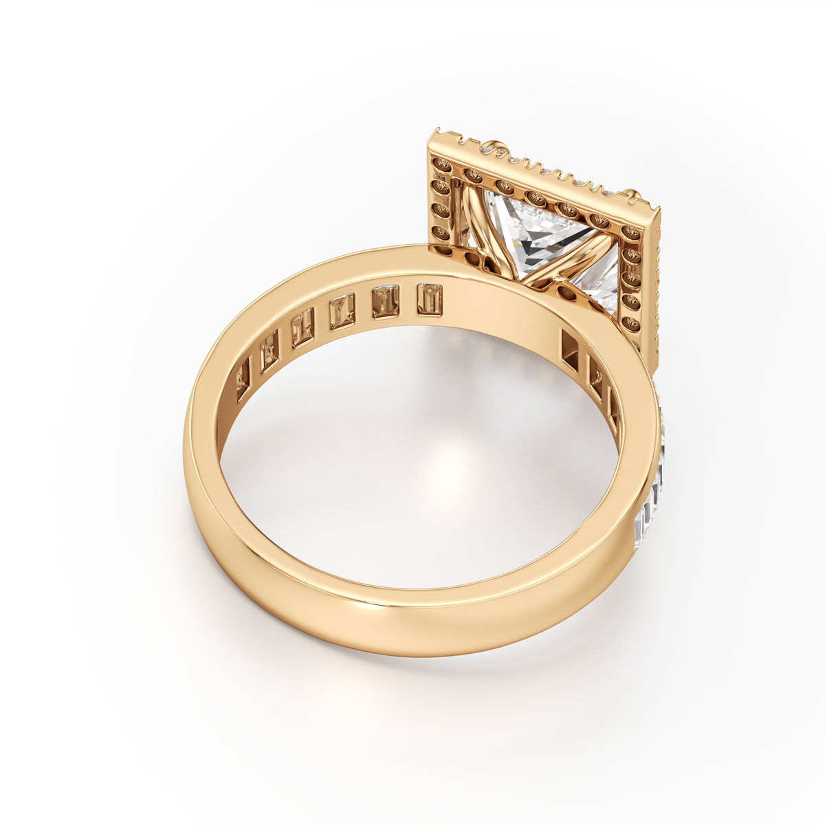 A yellow gold ring with a square-shaped diamond cluster setting, shown from a three-quarters perspective on a clean white background.