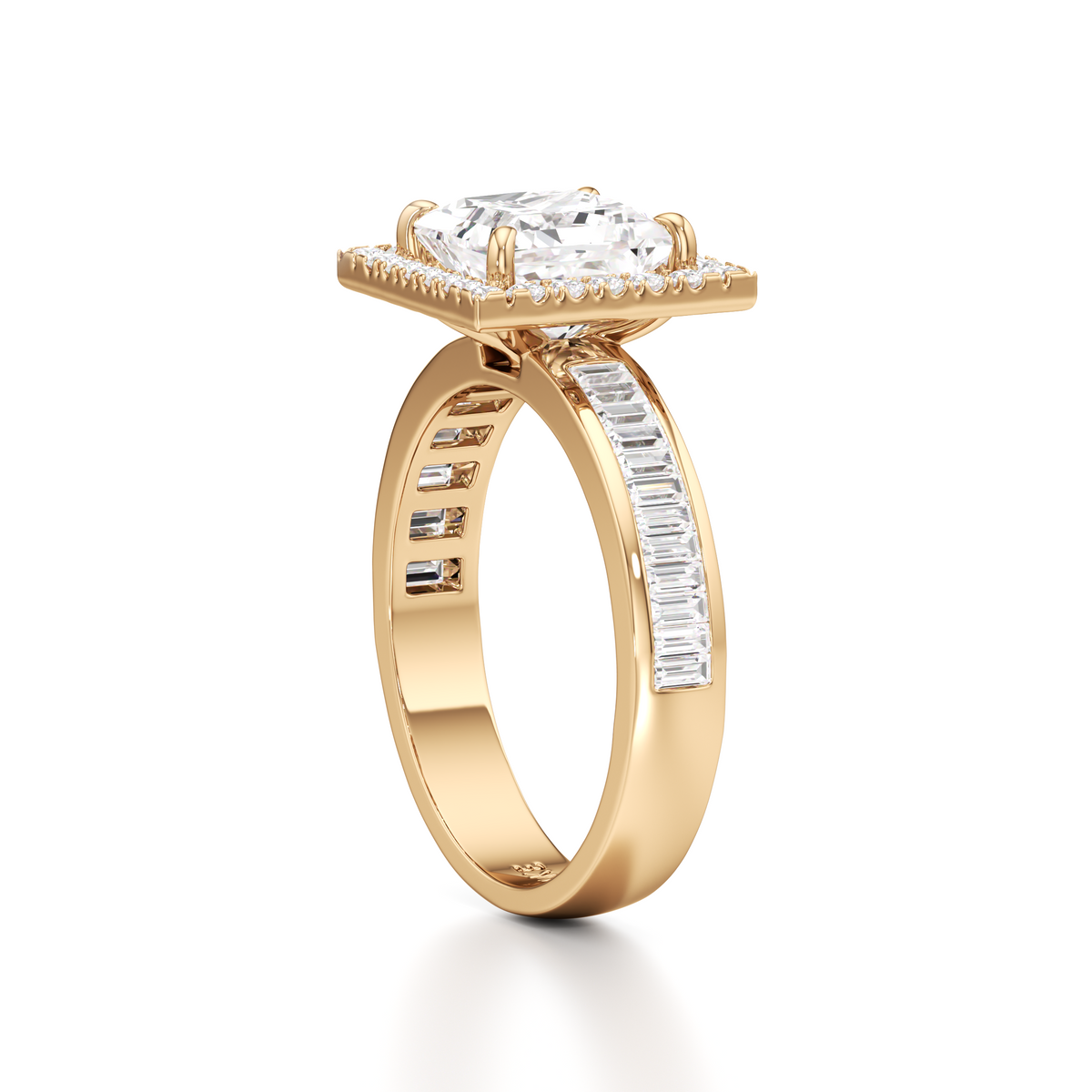 A yellow gold ring with a square halo setting featuring a large round-cut diamond and a pavé band accented with baguette diamonds, shown on a white background.