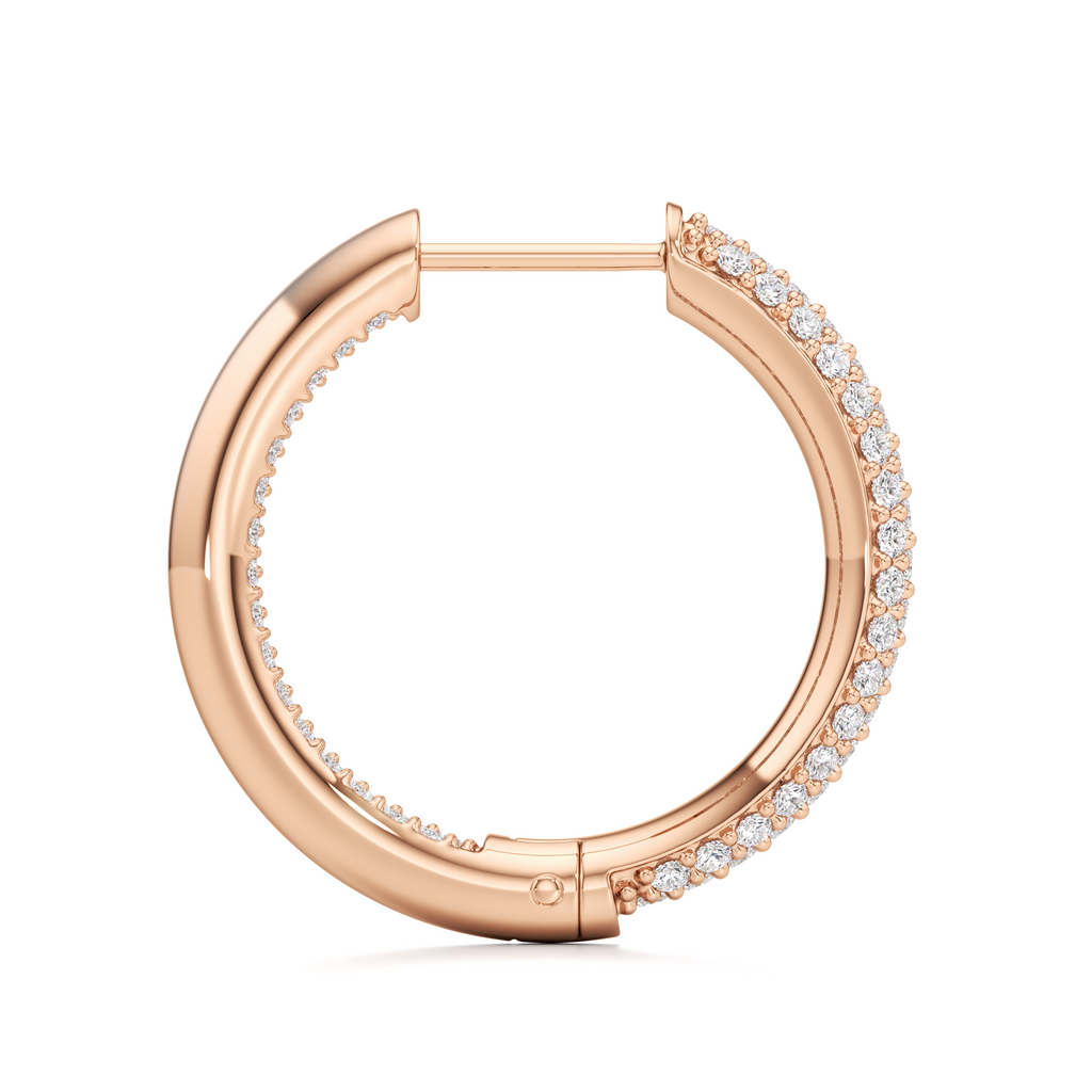 Single rose-gold oval pavé hoop earring shown at an angle, highlighting its curved shape and clasp.
