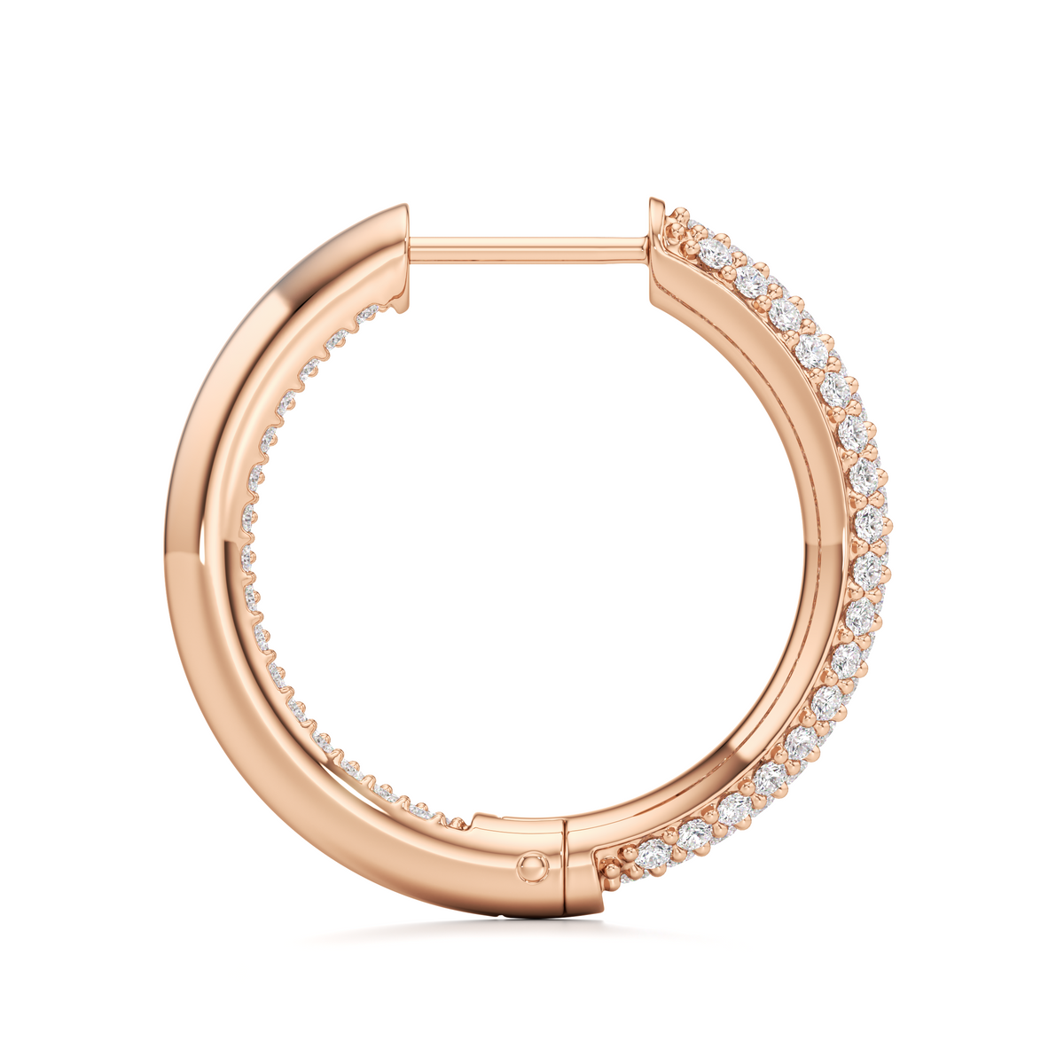 Single rose-gold oval pavé hoop earring shown at an angle, highlighting its curved shape and clasp.