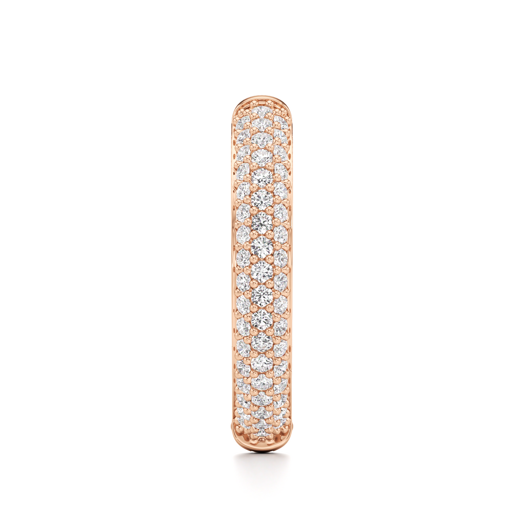 Side profile of a rose-gold oval hoop earring showing the narrow pavé-set band.