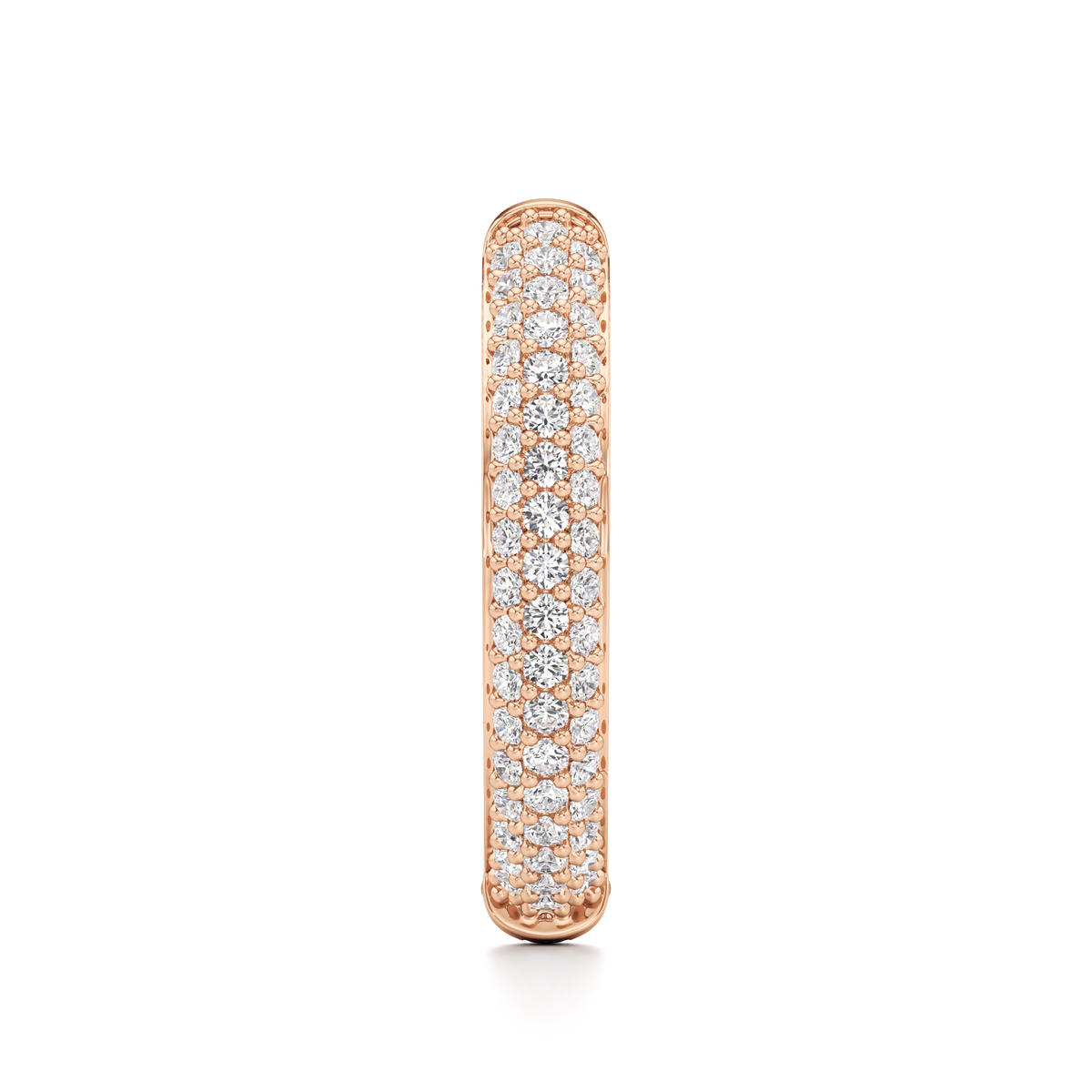 Side profile of a rose-gold oval hoop earring showing the narrow pavé-set band.