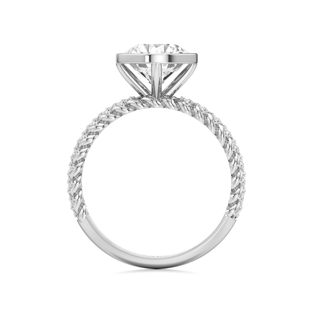 A silver-toned diamond engagement ring with a twisted rope band and a brilliant-cut center stone, shown on a plain white background.