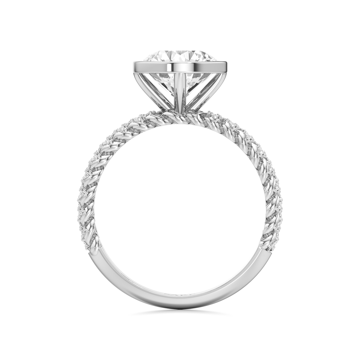 A silver-toned diamond engagement ring with a twisted rope band and a brilliant-cut center stone, shown on a plain white background.