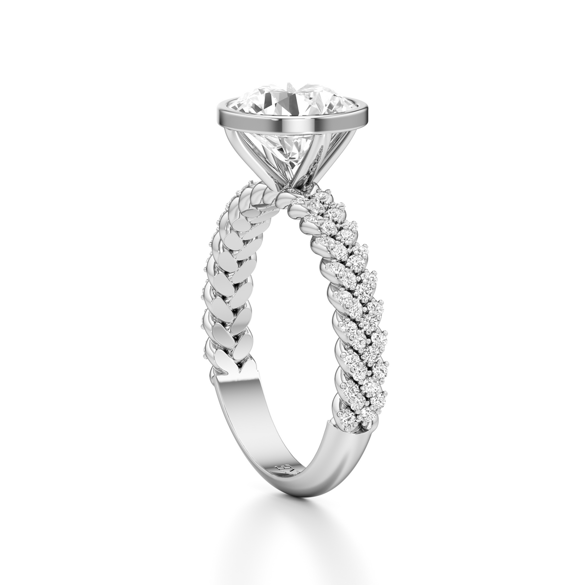 A silver-toned solitaire engagement ring featuring a large round brilliant-cut center stone and a twisted band pavé-set with small round diamonds, shown on a clean white background.