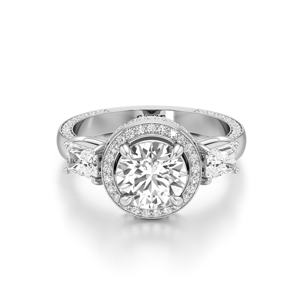 A silver-toned diamond ring with a round-cut center stone surrounded by a halo, flanked by two marquise-cut side stones on a white background.