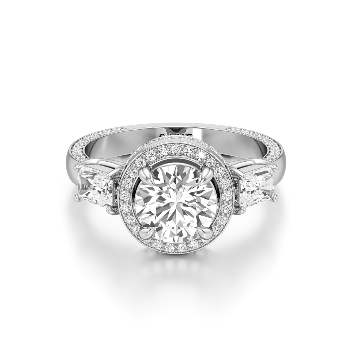A silver-toned diamond ring with a round-cut center stone surrounded by a halo, flanked by two marquise-cut side stones on a white background.
