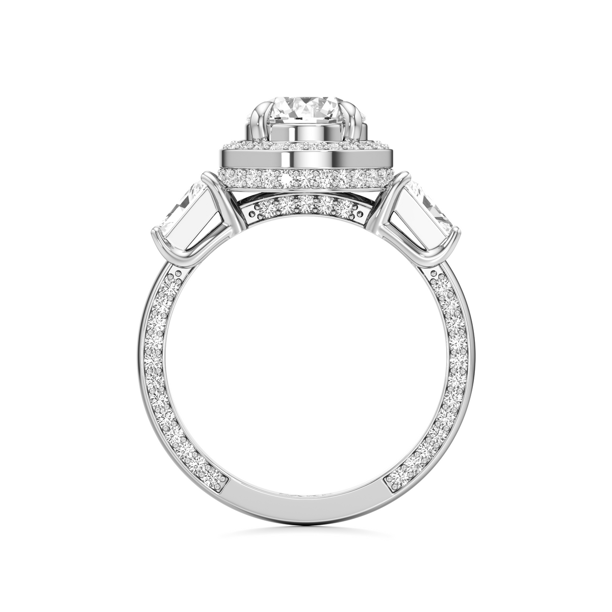 A silver-toned diamond ring with a large round-cut center stone, a halo of smaller diamonds, and a shank pavé-set with rectangular baguette diamonds, shown on a plain white background.