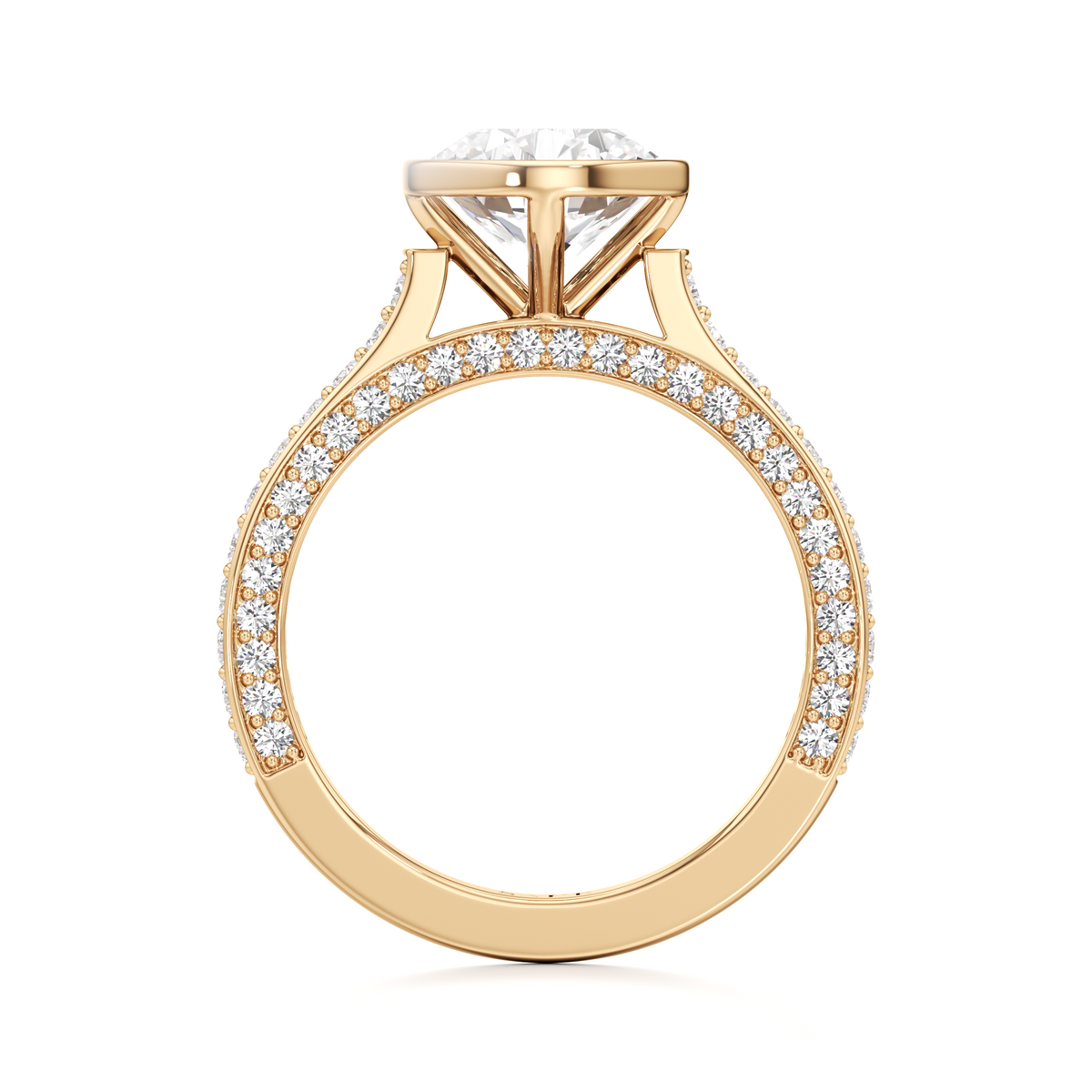 A yellow gold ring with a large round-cut center stone and a pavé-set band of small clear stones, shown on a plain white background.