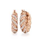 Pair of Helix twisted hoop earrings in a rose-gold finish, featuring intertwined sculptural bands and sparkling stone details.