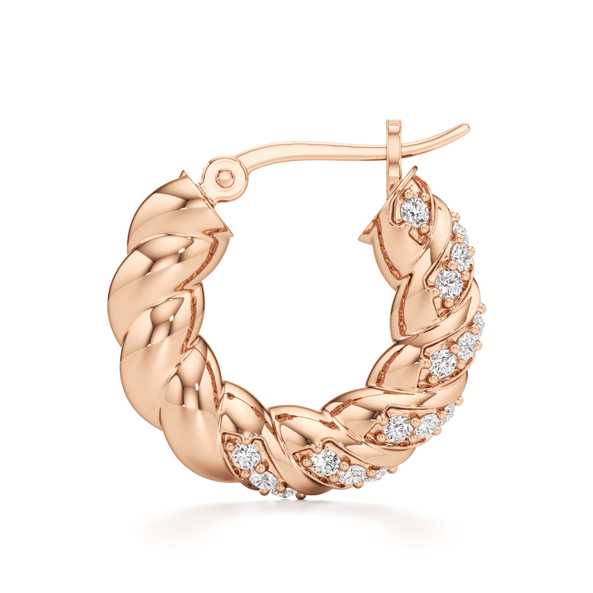 Single rose-gold Helix twisted hoop earring shown at an angle, highlighting its twisted design and sparkling details.