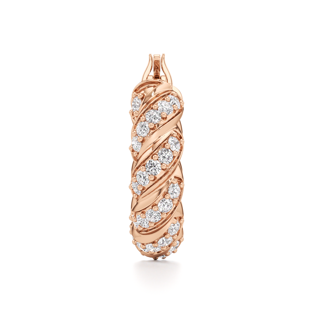 Side profile of a Helix twisted hoop earring showing its narrow, intertwined rose-gold bands.