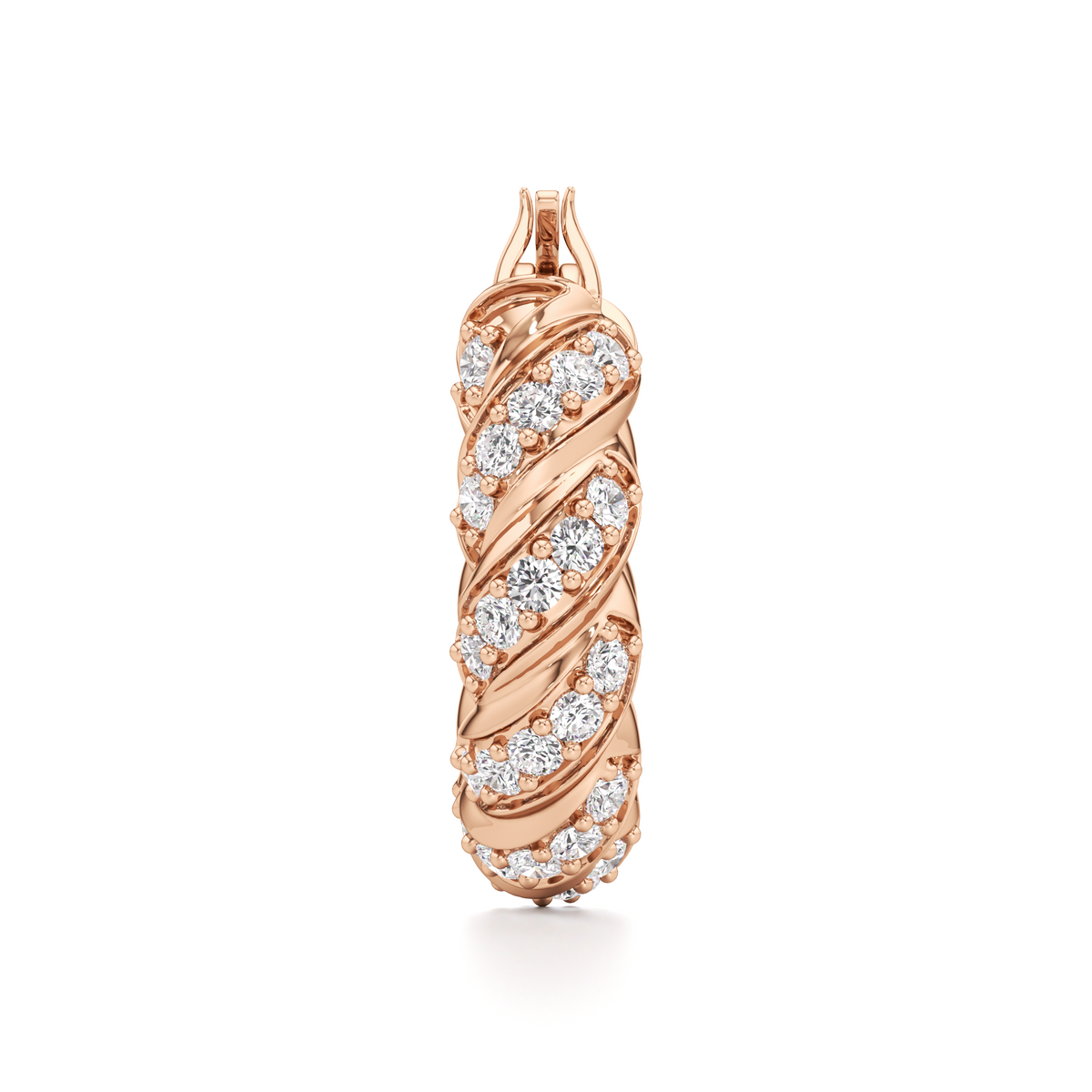 Side profile of a Helix twisted hoop earring showing its narrow, intertwined rose-gold bands.