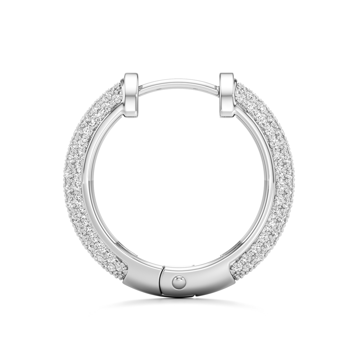 A silver hoop earring with pavé-set clear stones on the outer band, shown against a plain white background.