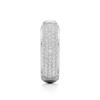 A silver-toned huggie ring featuring a pavé diamond band, shown vertically against a clean white background.