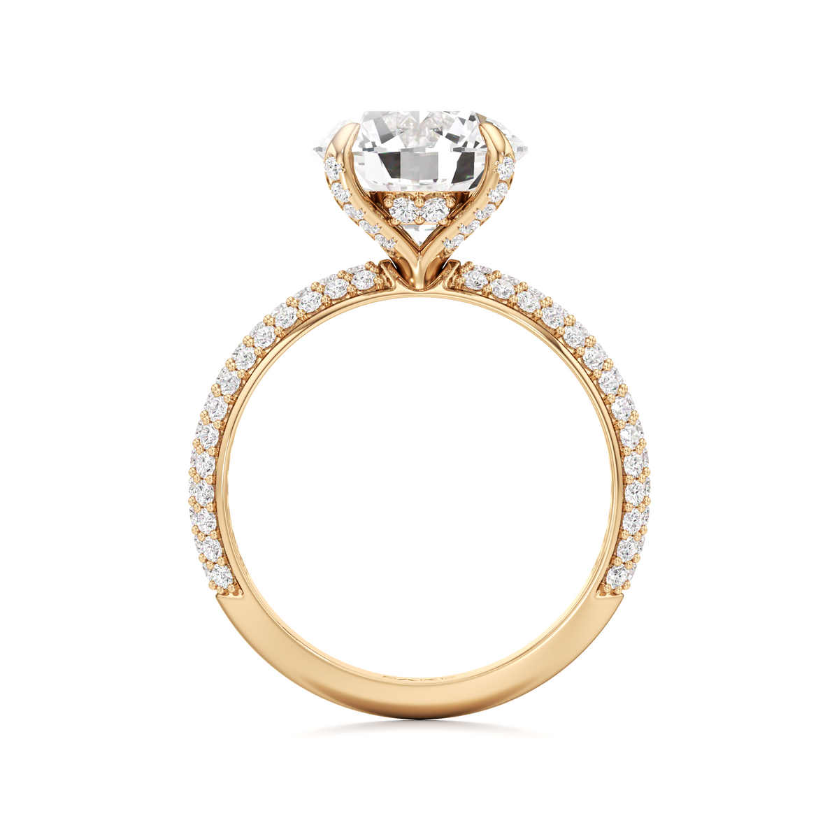 A yellow gold ring featuring a large heart-shaped clear gemstone in a prong setting, with a pavé band adorned with small round diamonds, shown on a plain white background.