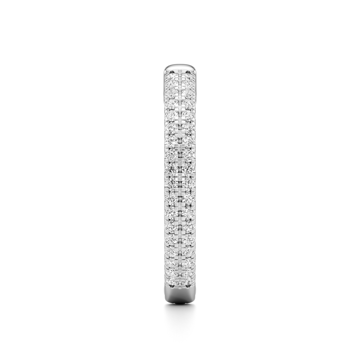 A slim diamond band ring in a silver-toned metal setting, shown vertically against a plain white background.