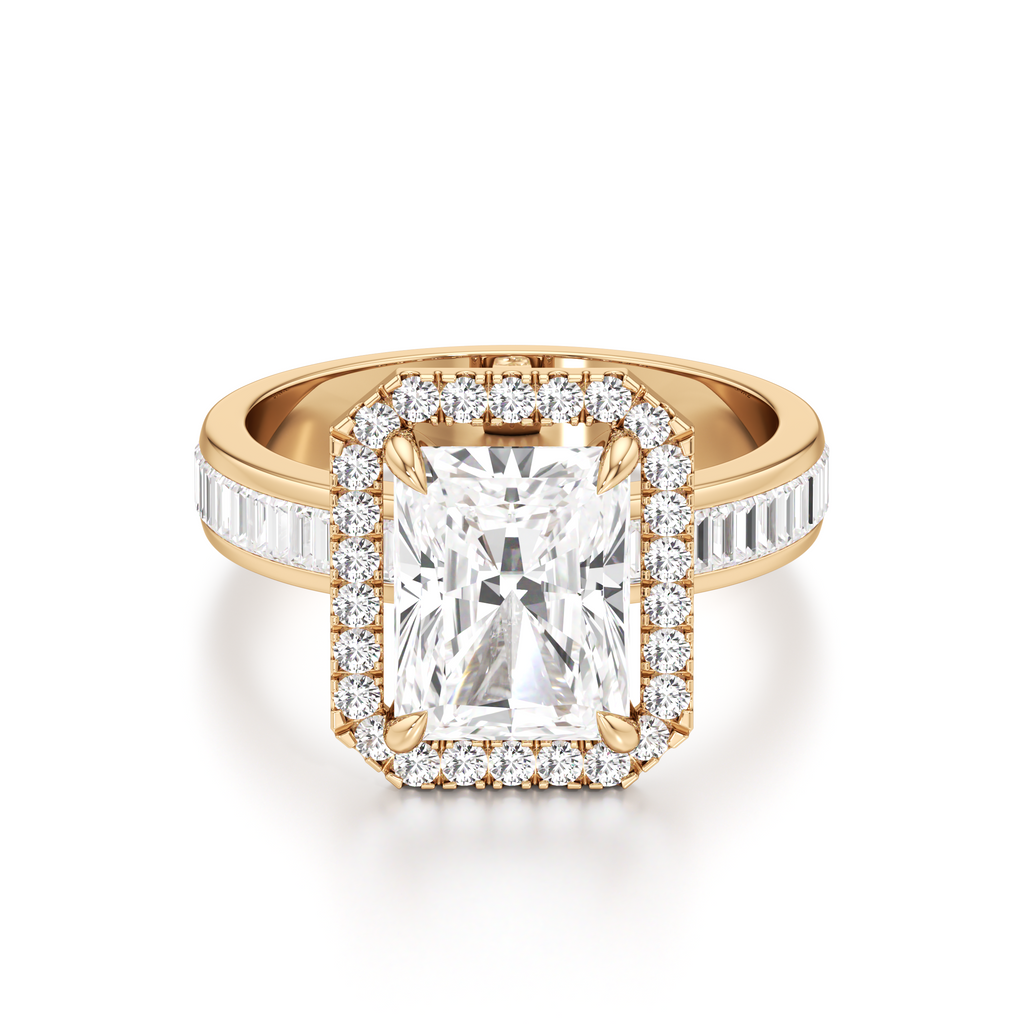 A yellow gold ring featuring a large rectangular emerald-cut diamond center stone surrounded by a halo of small round diamonds, with a shank paved with baguette and round diamonds, shown on a white background.