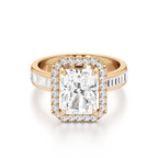 A yellow gold ring featuring a large rectangular emerald-cut diamond center stone surrounded by a halo of small round diamonds, with a shank paved with baguette and round diamonds, shown on a white background.