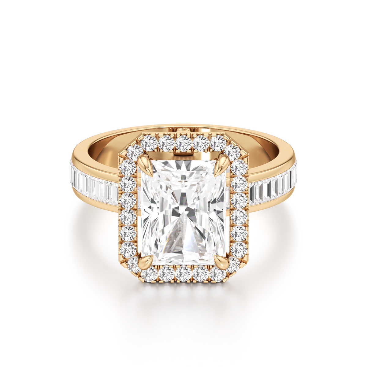 A yellow gold ring featuring a large rectangular emerald-cut diamond center stone surrounded by a halo of small round diamonds, with a shank paved with baguette and round diamonds, shown on a white background.