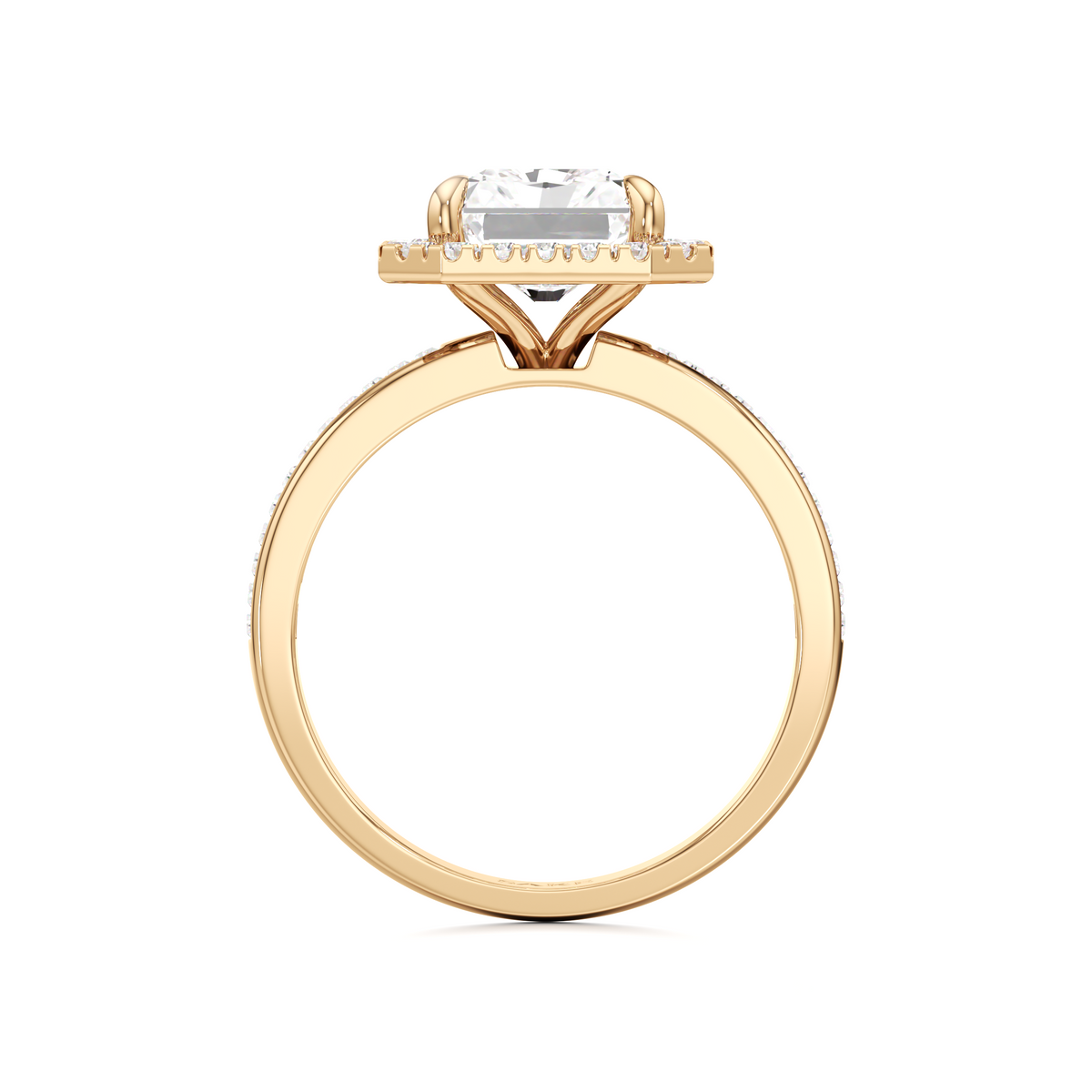A yellow gold diamond ring with a round brilliant-cut center stone and a small halo of diamonds, shown on a plain white background.