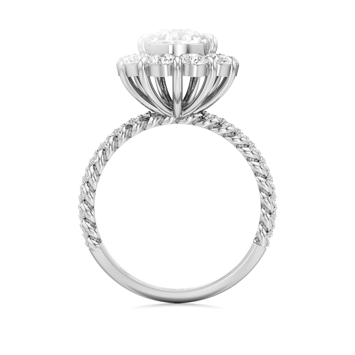 A silver-toned halo ring featuring a round-cut center stone and a surrounding cluster of small stones, with a twisted rope-style band set with tiny accent stones, shown on a plain white background.