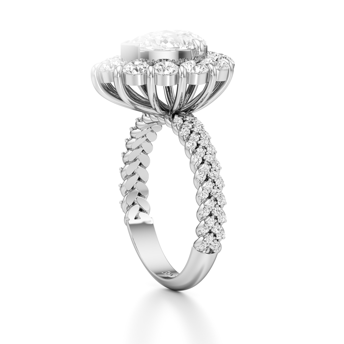 A silver-toned diamond engagement ring featuring a large round center stone surrounded by a halo of smaller diamonds, with a pavé-set shank, shown on a clean white background.
