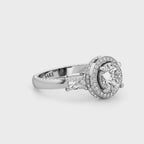 Harmonia Three-Stone Halo Diamond Ring