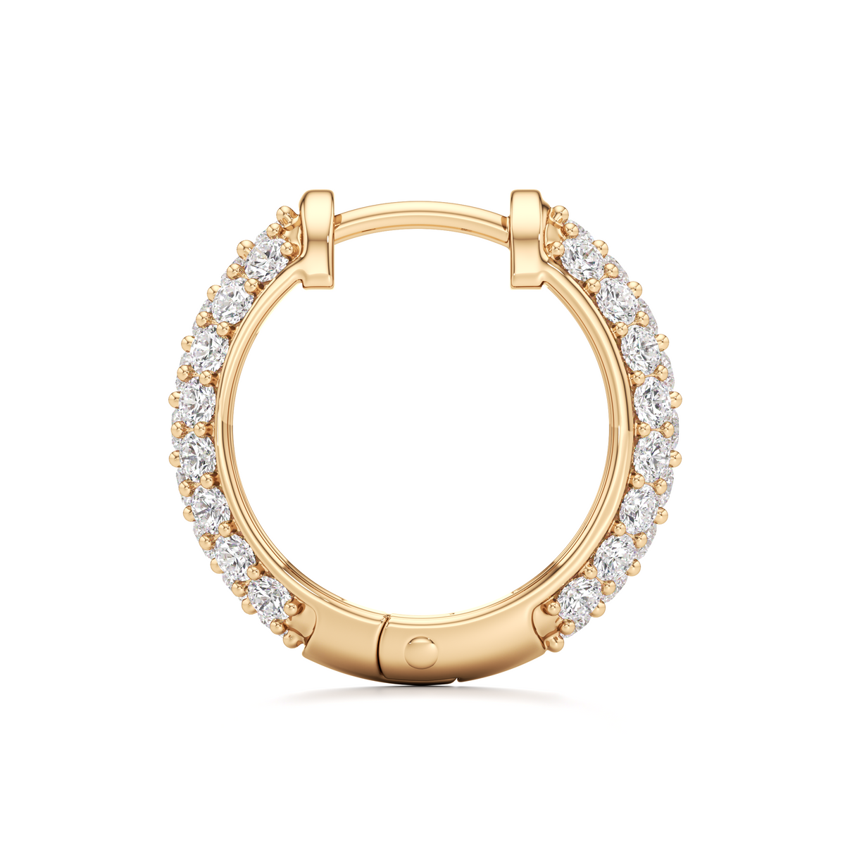A yellow gold huggie hoop earring paved with small clear stones, shown against a plain white background.