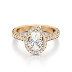 Gold-tone pear-shaped diamond ring featuring a central pear-cut stone, a surrounding pavé halo, and sparkling stones along the band.