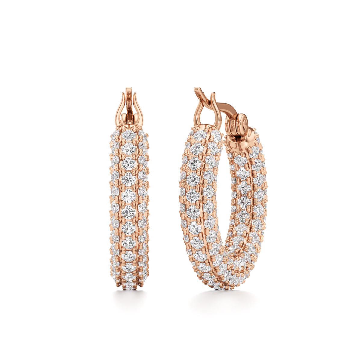 Rose gold hoop earrings paved with small clear stones, shown from the side and back on a white background.
