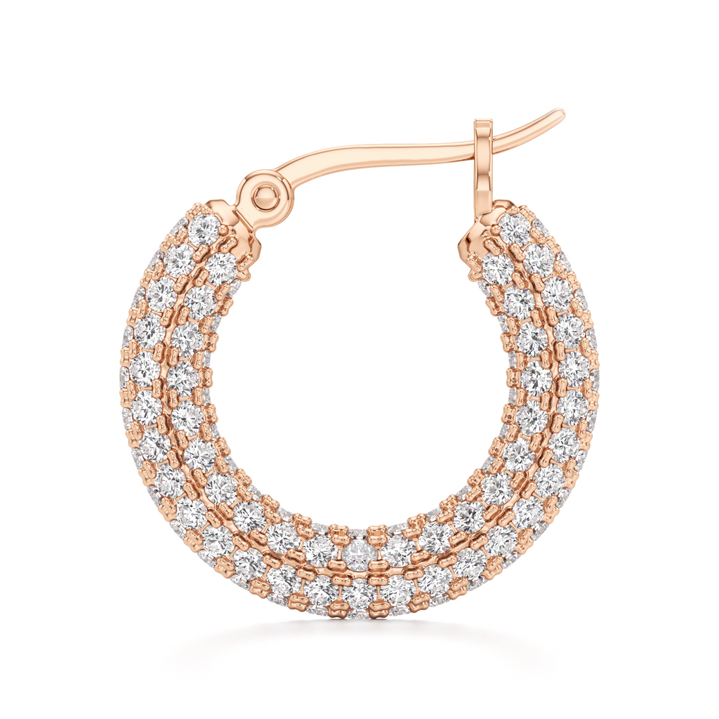 Rose gold hoop earrings with triple rows of pavé-set round diamonds, shown on a clean white background.