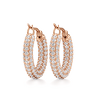 A pair of rose gold hoop earrings with triple rows of pavé-set clear stones, shown on a clean white background.