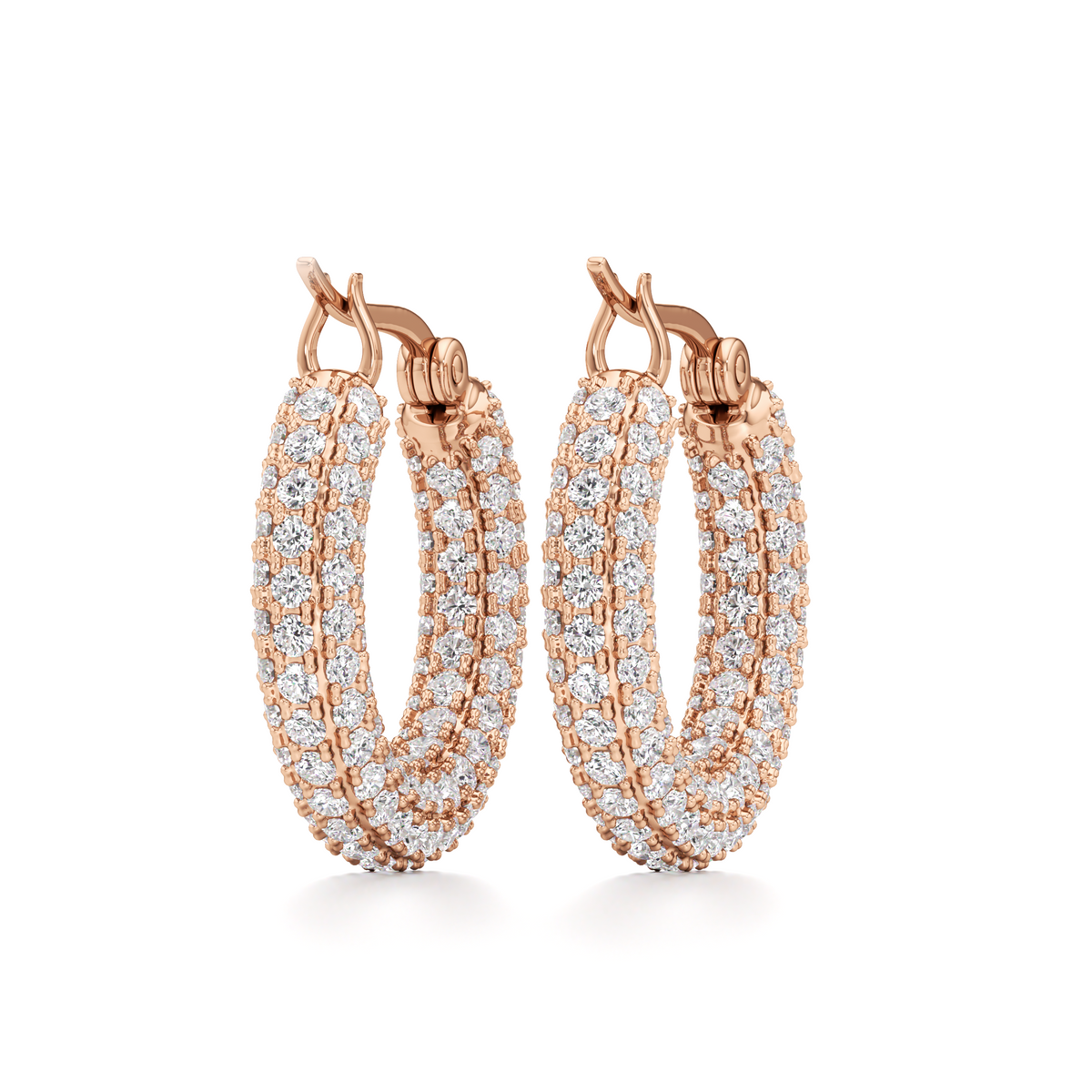 A pair of rose gold hoop earrings with triple rows of pavé-set clear stones, shown on a clean white background.