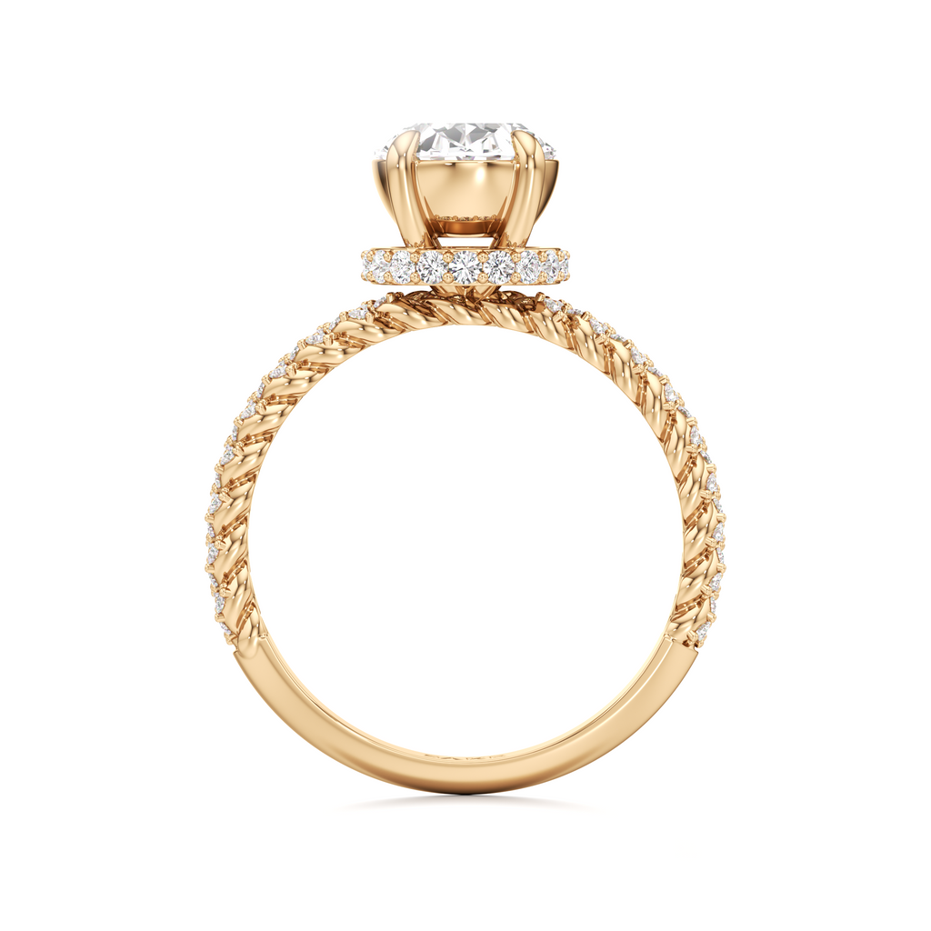 A yellow gold ring with a twisted rope band, a halo of small diamonds, and a large round-cut center diamond, shown on a plain white background.