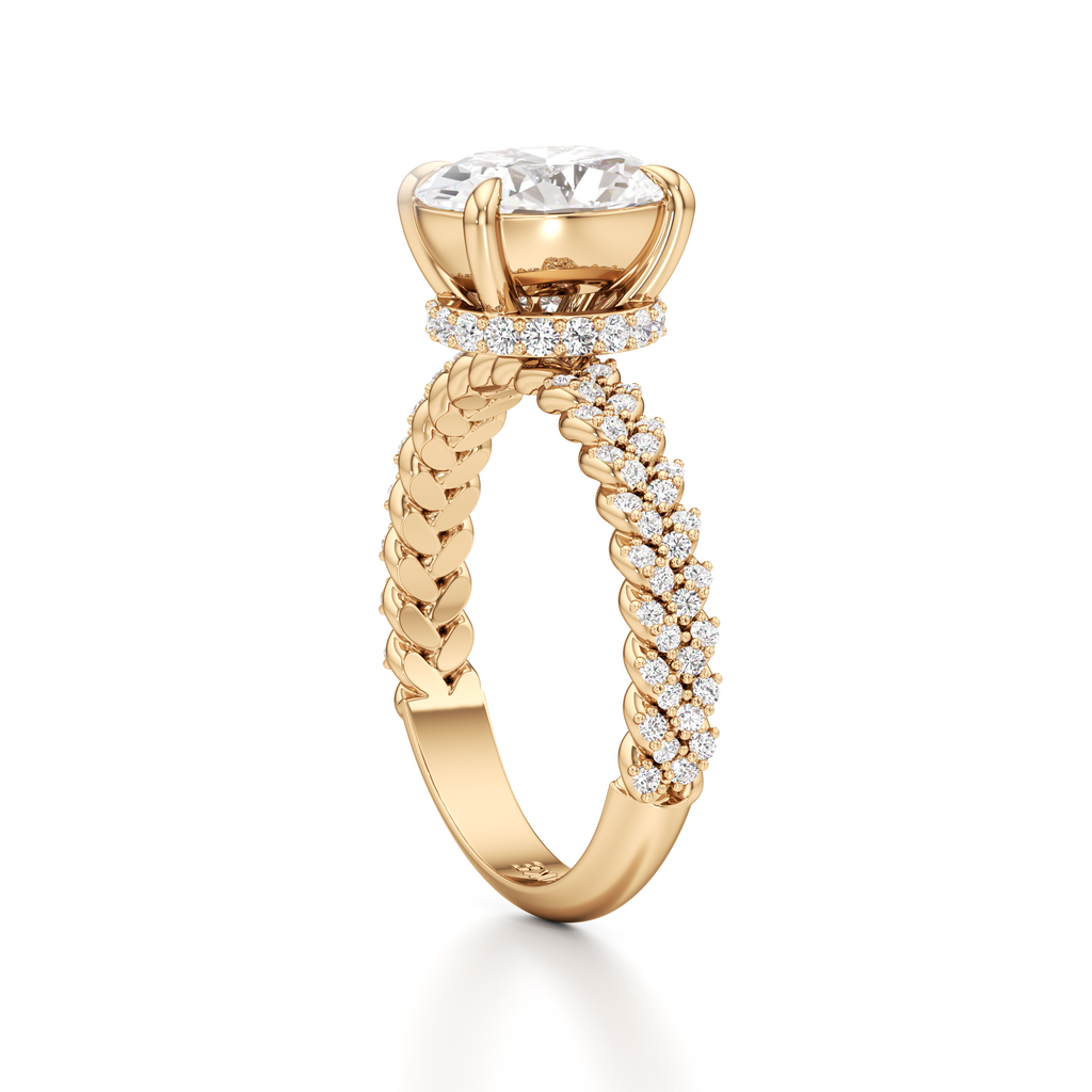 A yellow gold engagement ring featuring a large round-cut diamond center stone, a halo of smaller diamonds, and a twisted rope-style shank paved with diamonds, shown on a white background.